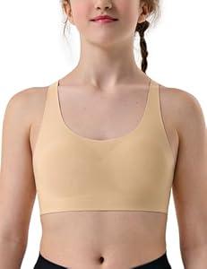 Wingslove Girls Training Seamless Sports Bra for Ages 10-17 Wireless Cross Back Teen Bras with Removable Light Padding (Small, White)