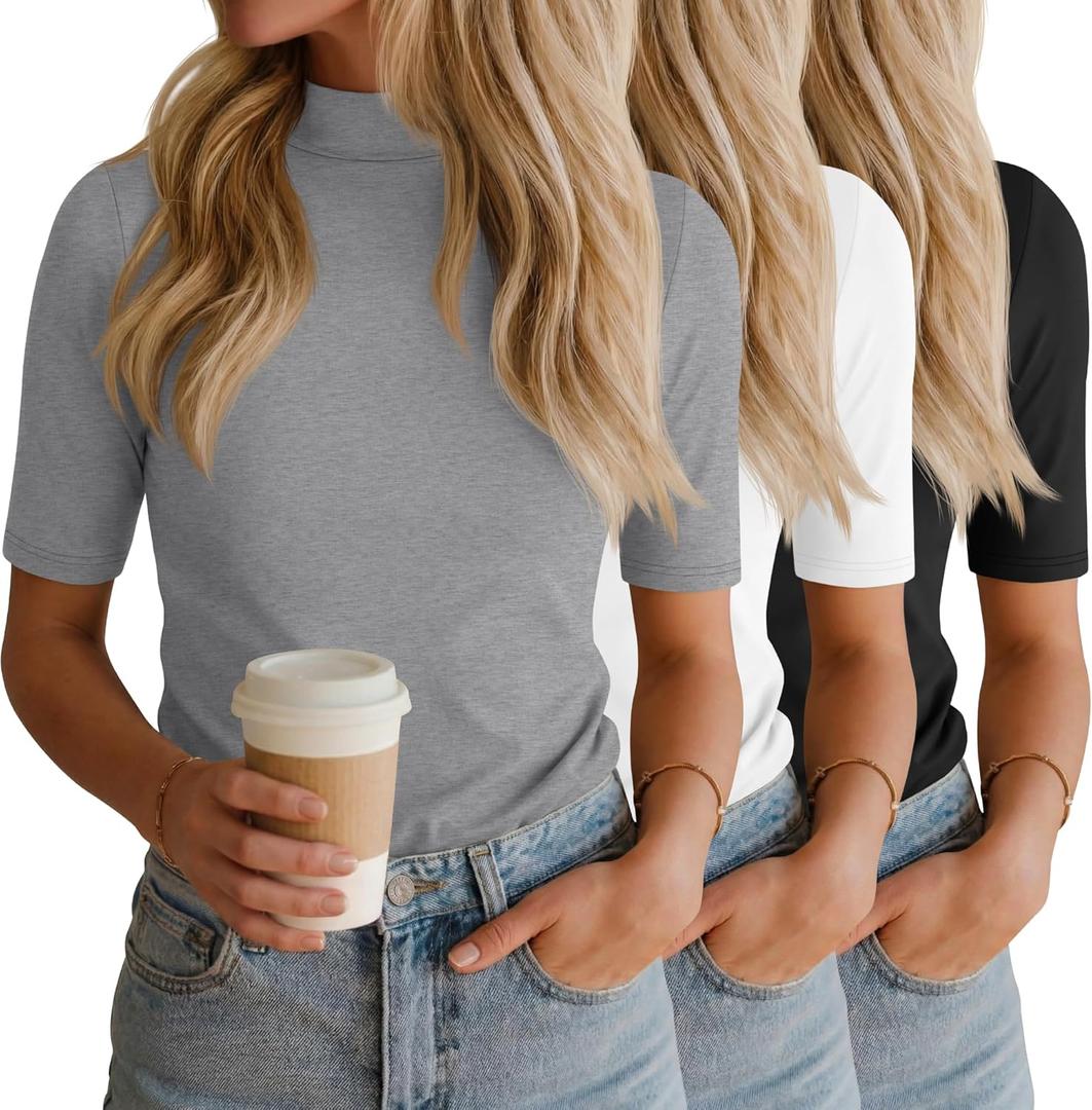 Ficerd 3 Pack Women's Mock Neck Tops 1/ 2 Half Sleeve Dressy Casual Tunic T-Shirts Slim Fit Going Out Basic Shirts 2026(Small, Black, White, Light Gray)
