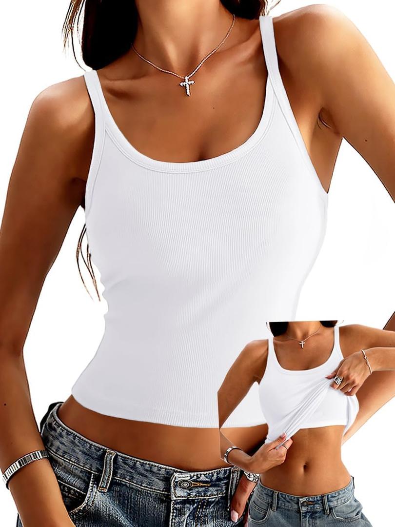 Danysu Women's Tank Tops with Bulit in Bras Scoop Neck Ribbed Fitted Knit Crop Halter Tops Spaghetti Strap Camisole (S, Angel White)