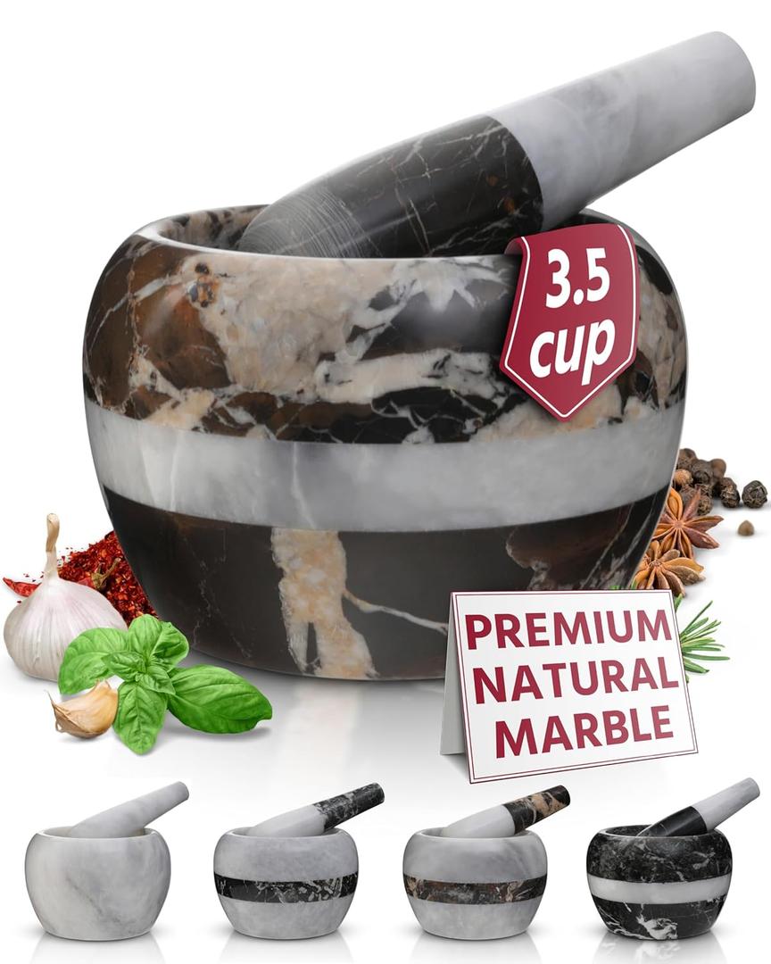 Gusto Nostro Natural Marble Mortar and Pestle Set | 6 Inch - 3.5 Cup Extra Large Mortar Pestle Set for Grinding Herbs, Nuts, Grains | Pesto Grinding and Guacamole Stone Bowl | Marble Spice Crusher (Black & Gold with White Stripe)