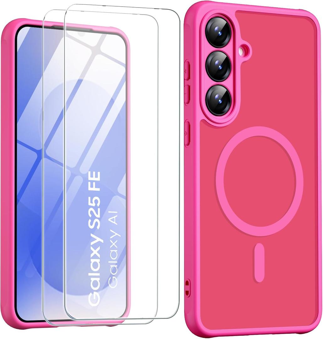 Magnetic for Samsung Galaxy S25 FE Case with Screen Protector 2X,Compatible with MagSafe,Phone Case Slim Hard PC Silicone Bumper Shockproof Protective Cover for Samsung S 25 FE 5G,Hot Pink
