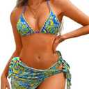 ChiaoLezhee Women 3 Piece Swimsuits, Halter Triangle Bikini Sets with Skirt Sarong Cover Up, Boho Allover Print Bathing Suit, M