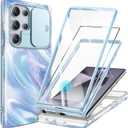 GVIEWIN for Samsung Galaxy S24 Ultra Case, [Slide Camera Cover & Built-in Screen Protector] [2 Front Frame] Military Grade Shockproof Marble Phone Case for S24 Ultra 6.8" (Aurora/Azure Blue)