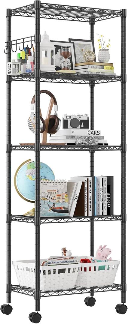 Homdox 5 Tier Wire Shelving Unit on Wheels, Adjustable Storage Racks and Shelving, Heavy Duty Rolling Metal Shelves with Side Hooks for Laundry Bathroom Kitchen Garage Pantry Organization, Black (23.23*13.78*72.05 inch)