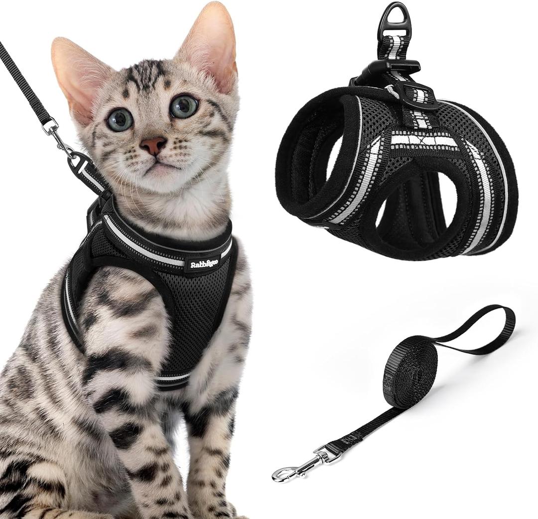rabbitgoo Cat Harness and Leash Set for Walking Escape Proof, Adjustable Soft Kittens Vest with Reflective Strip for Cats, Comfortable Outdoor Vest, Black, XL
