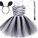 IWEMEK Girls Zebra Cosplay Costume 3pcs with Ears Headband Tail Animal Fancy Costume Kit Halloween Cosplay Birthday Party Outfits Baby Girl Jungle Themed Cosplay Dress Christmas Zebra 6-12 Months