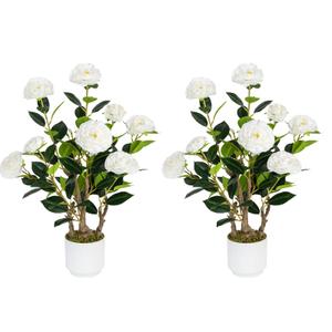 Jcezvnt 2 Pack Artificial Camellia Tree with White Pot, 24" Faux Potted Plants for Indoor Outdoor Decor, Tall Silk Greenery Plant for Home Office Living Room Balcony, White, 2FT