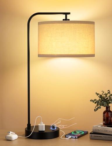 Tall Table Lamp with USB Port and Outlet, Dimmable Nightstand Bedside Lamps with Linen Lampshade, Desk Lamp for Bedroom, Living Room, Guest Room, Home Office, LED Bulb Included, Black