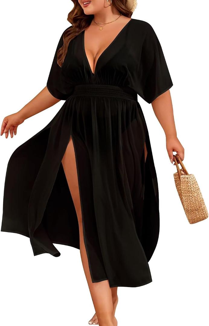 SWOMOG Women Plus Size Swimsuit Cover Up Bikini Bathing Suit Sexy Deep V Neck Swim Beach Dresses Summer Beachwear (Black, Plus Size 26W)