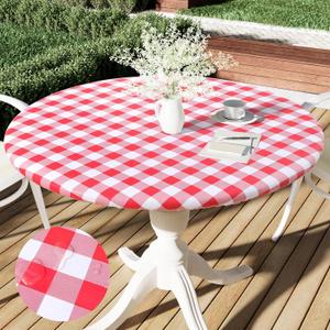 Smiry Round Picnic Tablecloth, Elastic Waterproof Fitted Vinyl Tablecloths for 31"-35" Tables, Flannel Backed Buffalo Plaid Table Cover for Dining, Camping, Outdoor, White and Red