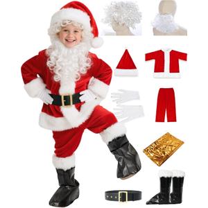 Santa Costume for Kids 9 PCS Boys Santa Suit Set Youth Santa Costume for Halloween Christmas Holiday Cosplay Party (Small)