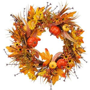 19Inch Fall Wreath, Artificial Pumpkins Maple Leaves Berry Fall Wreaths for Front Door Decor, for Home Autumn Harvest Thanksgiving Porch Outdoor Decorations. (Orange)