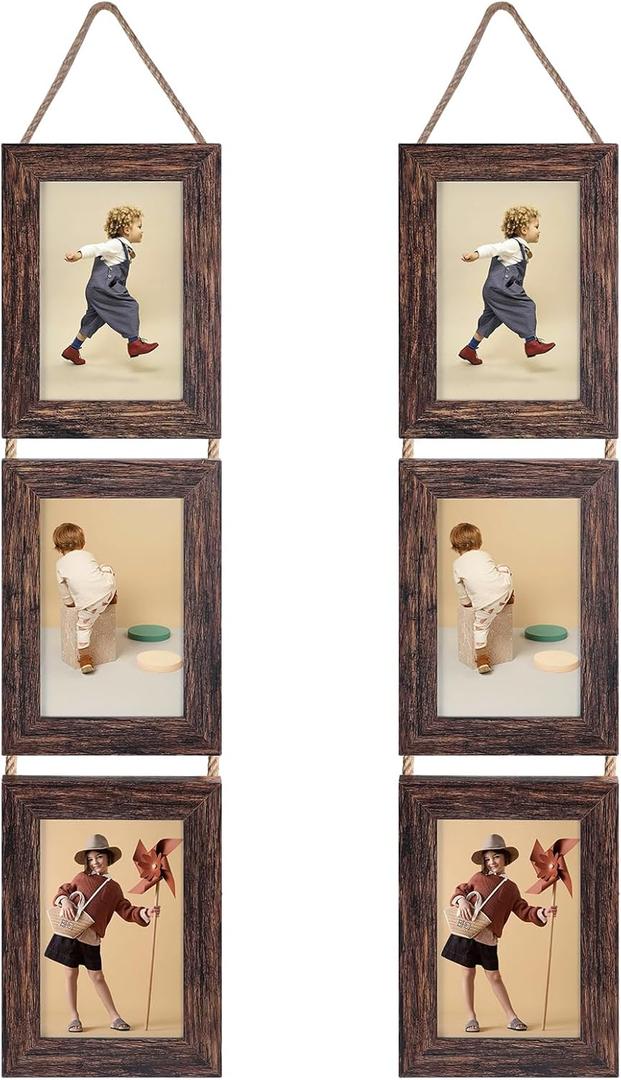 Lavezee Wall Hanging 4x6 Picture Frames Set of 2, Vertical Collage Distressed Brown Triple Frame Made to Display 4 by 6 inch Photo for Wall Decor