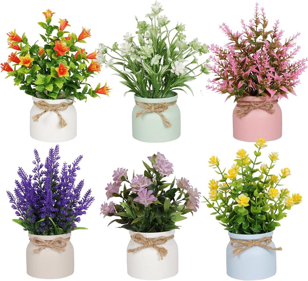 Yoratee 6pcs Artificial Pot Flowers Small Fake Plants Mini Potted Plants for Home Office Tabletop Decoration