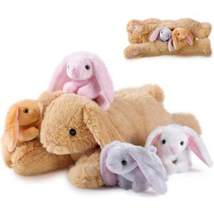 Sratte 5 Pcs Bunny Stuffed Animal Set Large Mommy Bunny Plush with 4 Cute Stuffed Baby Rabbit in Her Belly Soft Cuddly Rabbit Plush Gift for Birthday Baby Shower Party Favor (Brown, Lying Style)