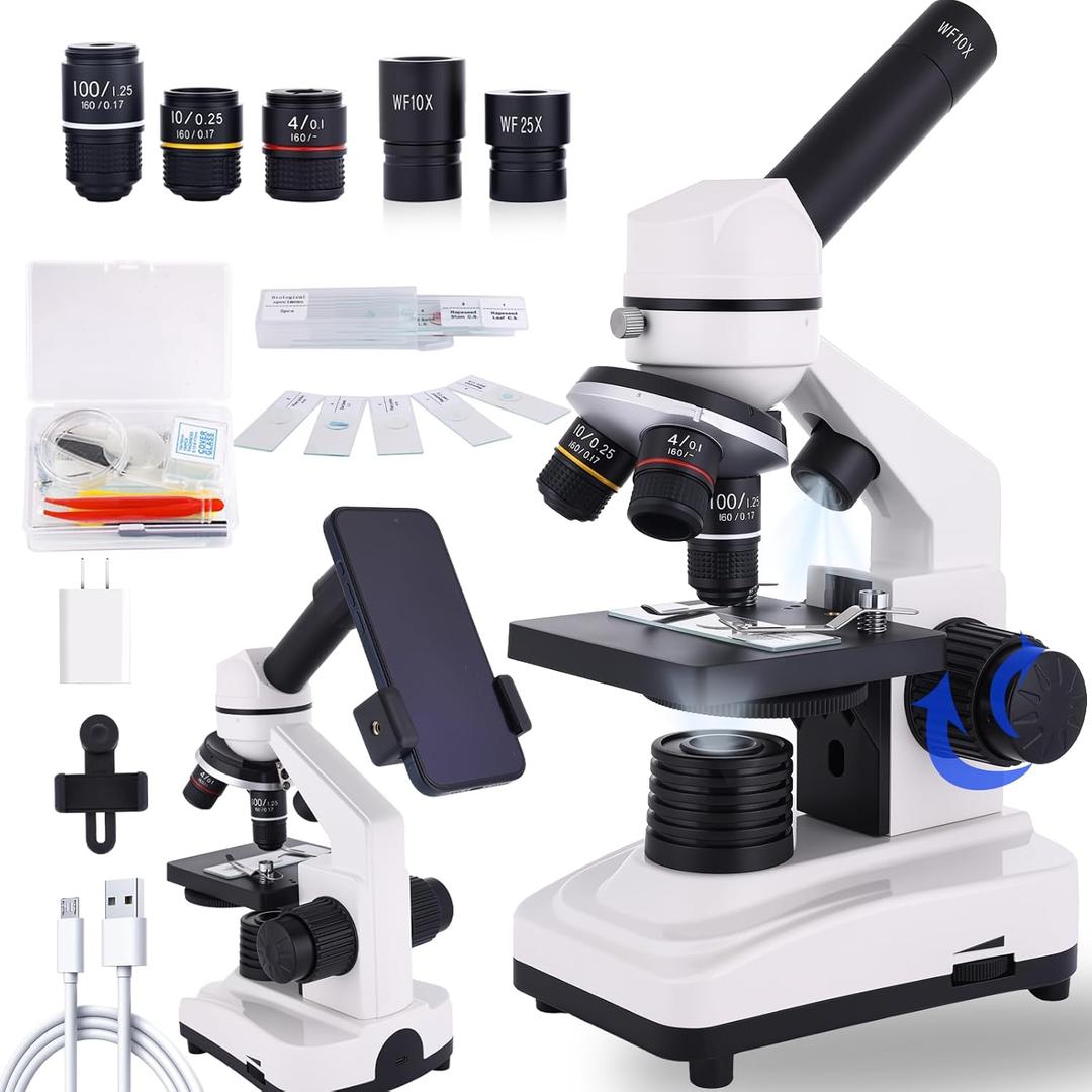 Microscope for Kids & Adults, 40X-2500X High-Power Compound Microscope for Students, School Lab & Home Schooling,Features Prepared Slides & Phone Holder