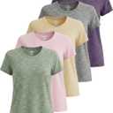 Real Essentials 5 Pack: Women's Short Sleeve T-Shirts Workout Tops Fitness Pilates Gym Activewear Athletic (Medium)