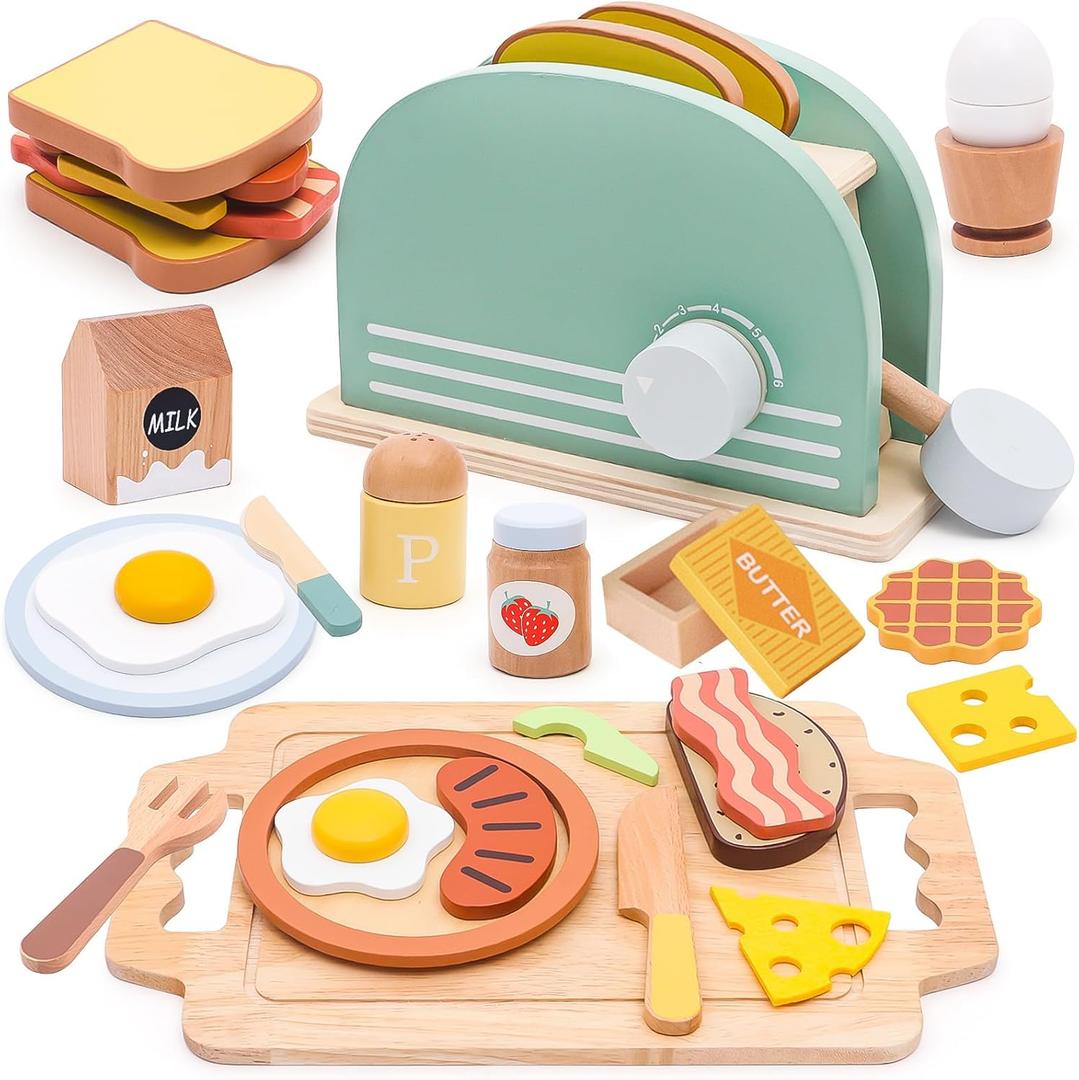 Play Kitchen Accessories Toddlers Wooden Pop-up Toaster Toy Play Food Kids Age , Bread, Butter, Poached Egg Cutting Pretend Toys