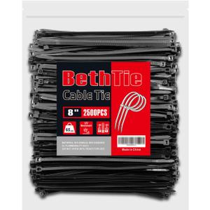 BethTie Black 8 Inch Zip Ties (2500 Pack), 65 LBS Tensile Strength, Self-Locking Nylon PA66 UV Resistant Cable Ties for Indoor and Outdoor Use