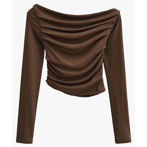 Women's Long Sleeve Crop Bottoming Shirt Solid Slash Neck Ruched Y2k T Shirt ,Size L