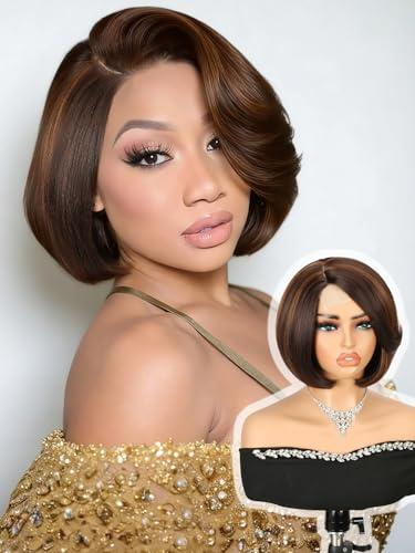 Quantum Love Highlight Bob Wig Layered Cut Mixed Brown Side Part Short Straight Glueless Bob Wigs for Women Realistic Hairline Synthetic Heat Resistant Fiber Hair