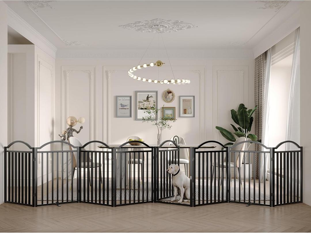 BHG Metal No-Assembly Freestanding Dog Gate with Door Walk Through, Extra Wide 96", Extra Tall 32" Pet Gate, Accordion Puppy Folding Playpen Dog Fence, with 2PCS Support (Black, 8 Panels) BHG Metal No-Assembly Freestanding Dog Gate with Door Walk Through, Extra Wide 96", Extra Tall 32" Pet Gate, Accordion Puppy Folding Playpen Dog Fence, with 2PCS Support (Black, 8 Panels)