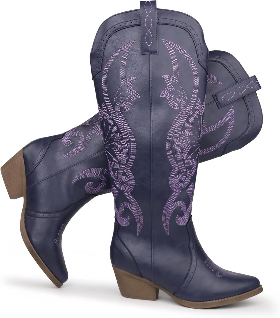 Hawkwell Women's Cowboy Cowgirl Boots Slip On Pointed Toe and Block Heel Shoes with Classic Embroidered Pull On Tall Boot for Ladies Dress Western Knee High Boots, US 10