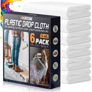 12 x 9 Ft Plastic Drop Cloths (6-Pack) - Disposable Painter's Sheeting & Tarps for Painting, Waterproof Furniture/Couch/Floor Protection