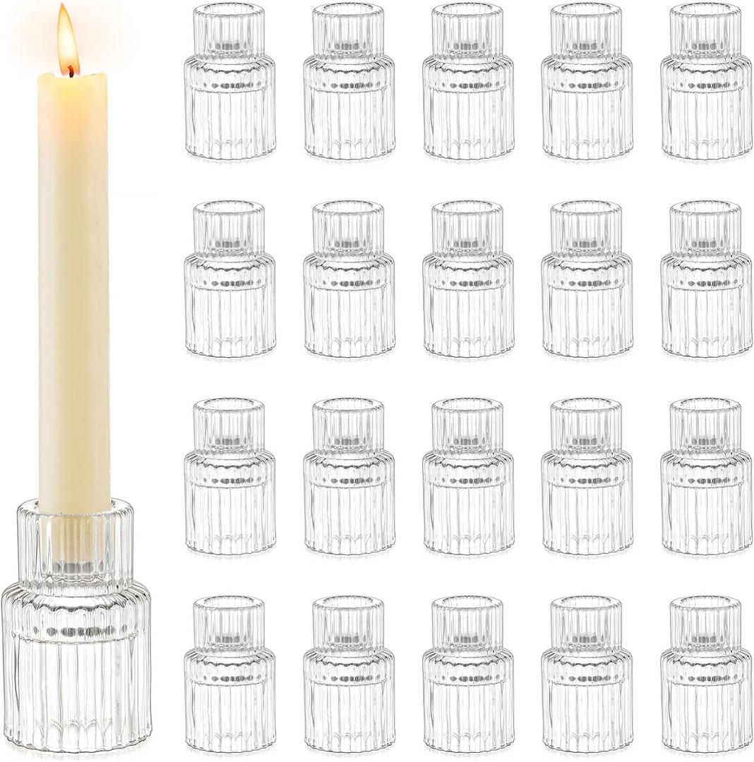 Romadedi Glass Candle Holder for Candlestick - 20 Pcs Clear Small Tapered Candle Holder Wedding Decor Table Centerpiece Bulk for Candle Sticks Christmas Party Living Room Dinner Advent