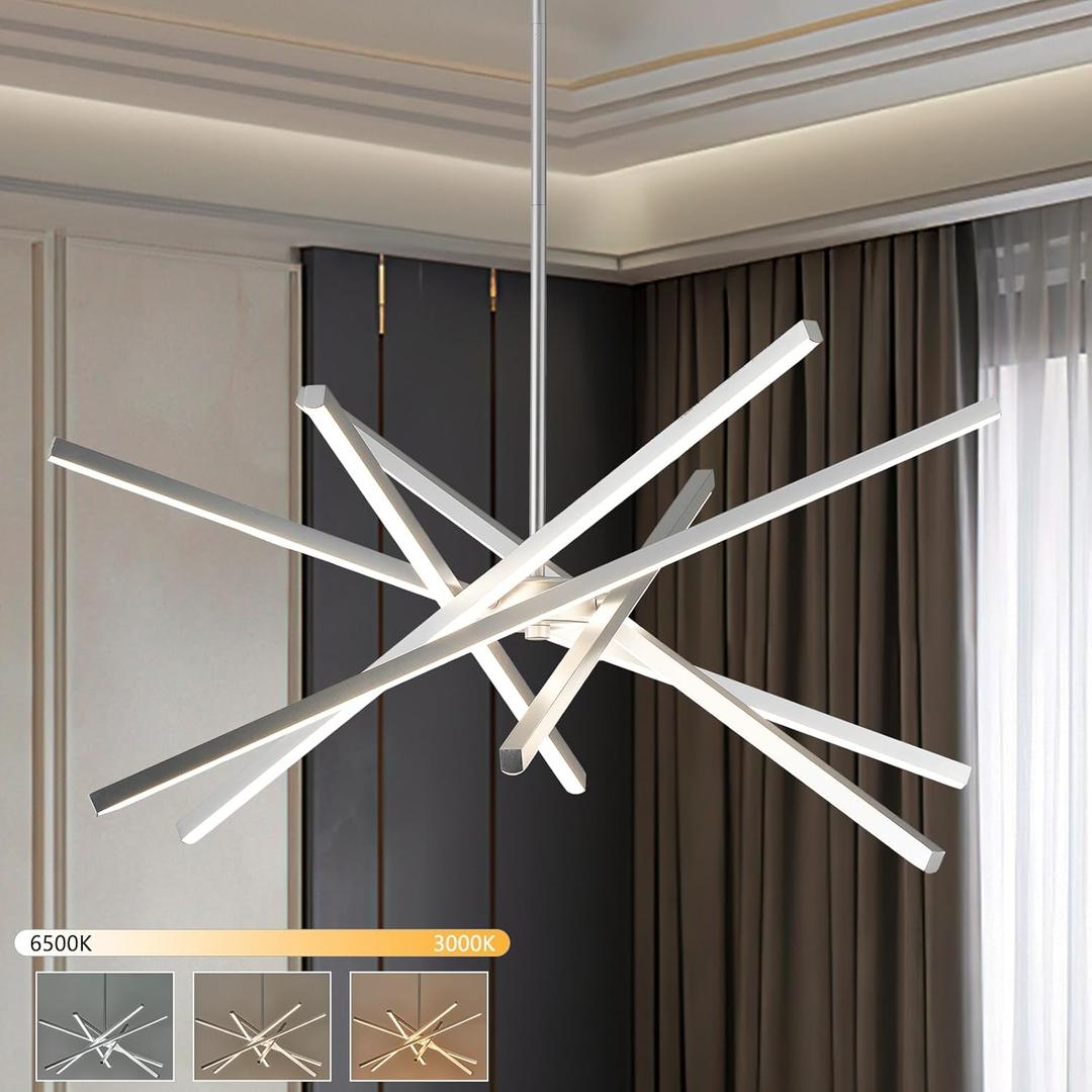 Modern Chandelier Light Fixtures - LED 6-Lights Silver Dining Room Linear Chandeliers Sputnik Pendant Lights Fixture Over Table 3000K 4500K 6000K Dimmable for Living Room Kitchen Island