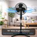 Comfort Zone 16-Inch Oscillating Pedestal Fan with Remote Control, 3-Speed High-Velocity Cooling, Adjustable Height & Tilt, Quad-Pod Folding Base, Black ETL Listed