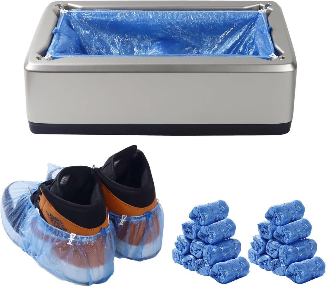 Automatic Shoe Cover Dispenser with 200 Pcs Disposable Shoe Covers, Booties for Portable Machine Fits Size Up to 11 US men or women and up for Home, Factory (Silver)
