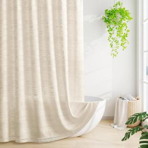 Boho Farmhouse Shower Curtain Set with Tassel, Modern Bohemian French Country Chic Bathroom Shower Curtain Set, Linen Striped Textured Shower Curtain 72x72 - Beige/Cream