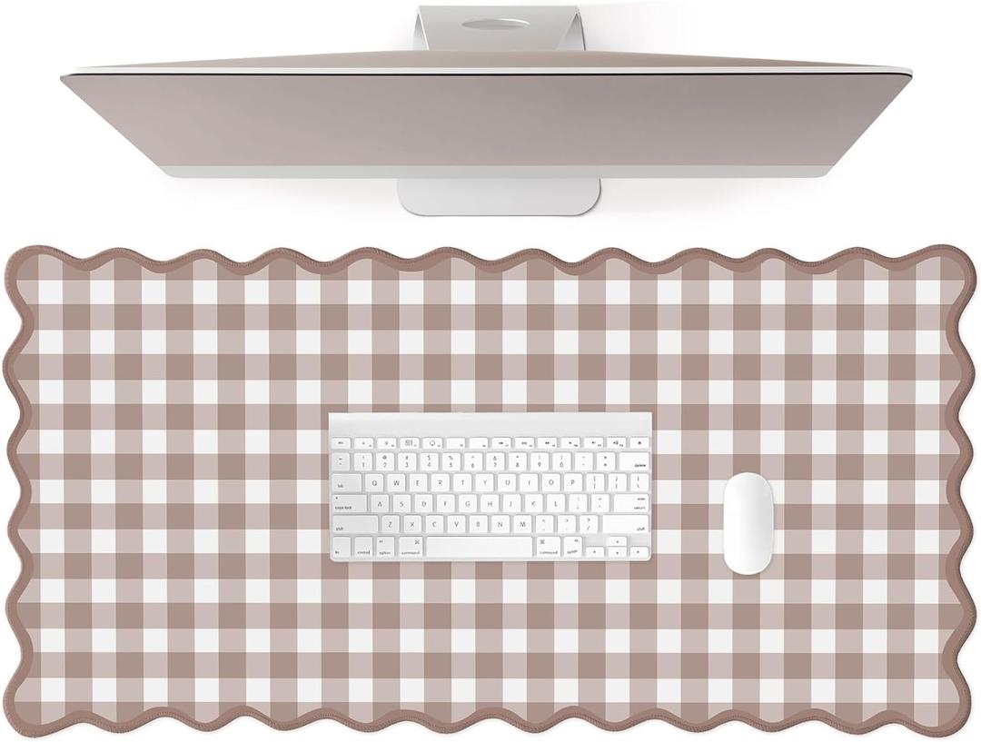Scalloped Checkered Desk Mat Cute Brown Gingham XXL Large Gaming Mouse Pad Farmhouse Cottagecore Vintage Keyboard Computer Mat Pad for Desktop Aesthetic Cozy Office Desk Decor