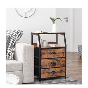 Furnulem Nightstand with 3 Drawers and 2-Tier Shelf, Fabric Small Dresser Organizer Vertical Storage Tower for Bedroom, Closet, Hallway, Nursery, End Table Side Furniture, Sturdy Steel Frame, Wood Top