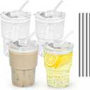 15 oz Plastic Iced Coffee Cups with Lids and Straws Set of 4, Unbreakable Drinking Glasses Reusable Iced Coffee Glass to Go Cup for Matcha Tea Smoothie Juice Cup Dishwasher Safe (Clear-4 Pack)