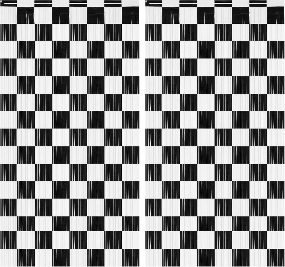 PintreeLand 2PCS Race Car Foil Fringe Curtains 3.28x6.56 Ft, Black and White Checkered Party Backdrop Streamers Decorations, Photo Booth Props