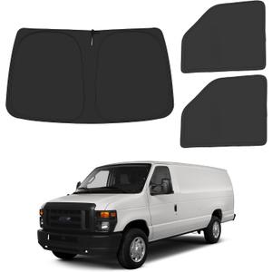 Front Windshield Side Window Sun Shade for 1992-2025 Fo-rd E-Series E-150 E-250 E-350 E-450 Van Motorhome, Foldable Window Sunshade Sun Visor Protector Blocks UV Rays Heat, Pack of 3, Silver & Black-Fit Ford E-150 E-250 E-350 E-450