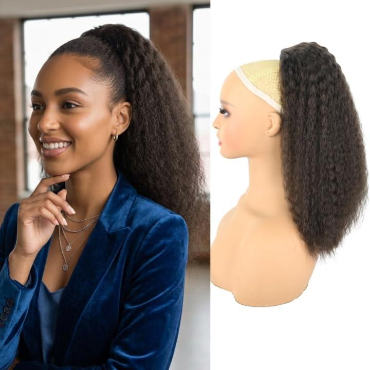 Kinky Straight Drawstring Ponytail Extension 16 Inch Yaki Ponytail Hair Extension Thick Natural Synthetic Ponytail Soft Fluffy Clip In Hairpiece for Women Daily Wear(Light Brown)