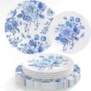 40Pcs Foil Blue and White Floral Plastic Plates Reusable Plate Chinoiserie Flower Dinner Dessert Plate for Home Party Supplies Table Decor Blue gold foil reflective