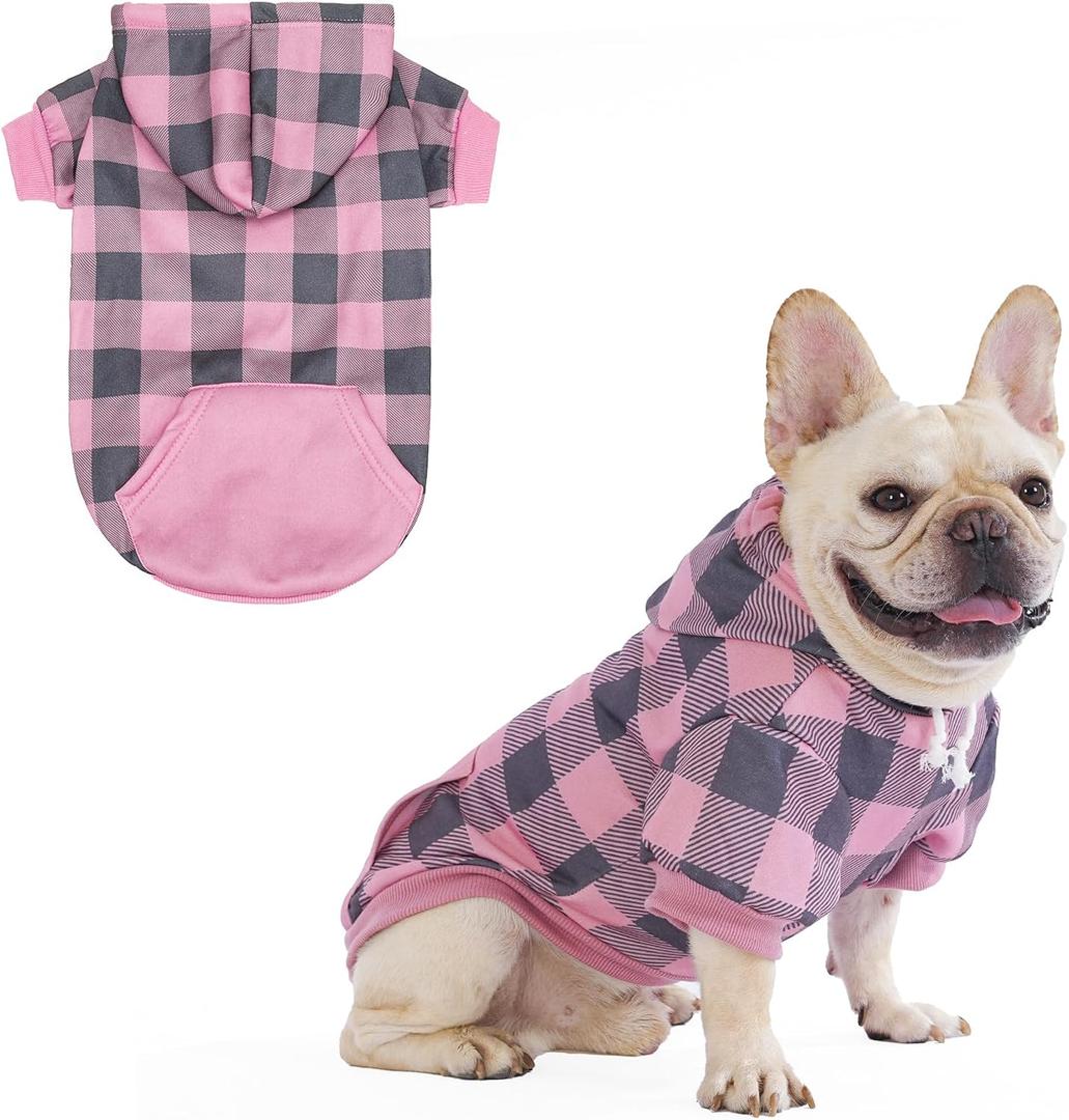 KOOLTAIL Plaid Dog Hoodie Pet Clothes Sweater with Hat and Pocket for Small Medium Large Size Dogs, Soft Winter Warm Pet Cold Weather Coat, Fleece Fall Dog Hooded Sweatshirt for Puppy Cats, Pink S/M