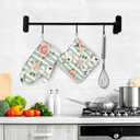 Mxocom Anemone Rose Flower Heat-Resistant Oven Mitts and Pot Holder Silver Eucalyptus Leaves Berry Stripped Kitchen Non-Slip Cooking Microwave Gloves for Cooking Baking Grilling