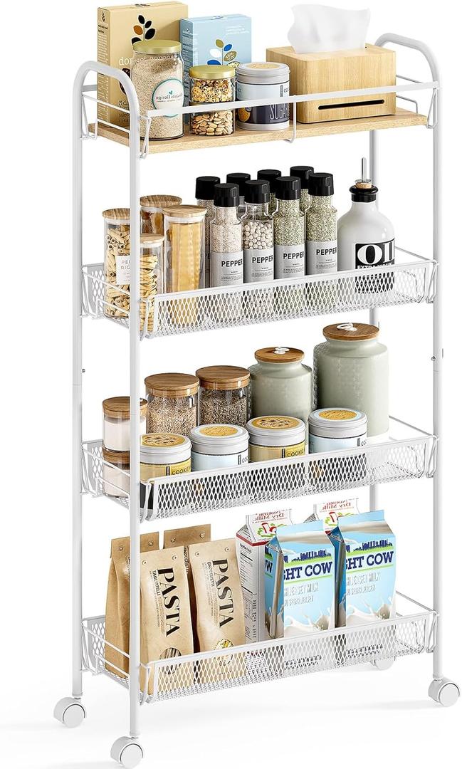 KINGRACK Metal Slim Rolling Cart,4-Tier Metal Utility Cart,Storage Cart with Wooden Tabletop, for Narrow Space on Laundry Bathroom Kitchen Room Bedroom Apartments Dormitory (Pure White, Slim)