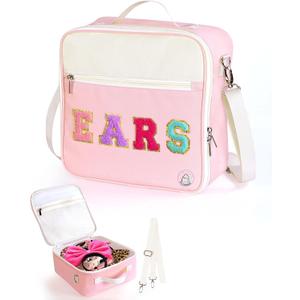 Mouse Ears Travel Case Multipocket Large Chenille Letter Mouse Ears Headband Holder with Shoulder Strap 11"x11"x4.5" (Pink)