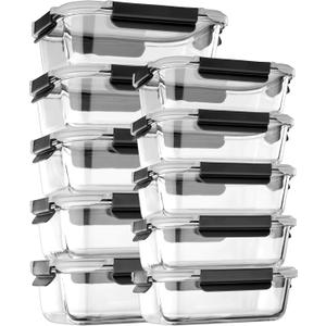 Glass Food Storage Containers with Lids Airtight, Glass Meal Prep Containers with Snap Lids for Food, Bpa-free,Easy to Open&Close/Microwave,Oven,Freezer,Dishwasher Safe/Leak-proof [10 Pack] (Black)