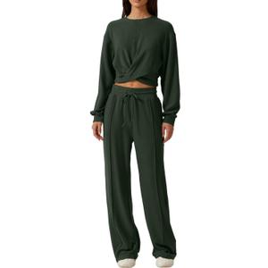 QINSEN Women 2 Piece Outfits Sweatsuit Set Twist Front Cropped Sweatshirt Wide Leg Sweatpant Lounge Set Tracksuit (Large, Forest Green)