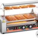 Commercial Hot Dog Roller Machine, 5 Rollers | Sausage Grill, Glass Hood, Front Door & Warming Rack, Chain-Driven, 304 SS Rollers, 110V