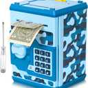 ATM Piggy Bank for Boys Girls, Vcertcpl Mini ATM Coin Bank Money Saving Box with Password, Kids Safe Money Jar for Adults with Auto Grab Bill Slot, Great Gift Toy Bank for Kids(Camouflage Blue)