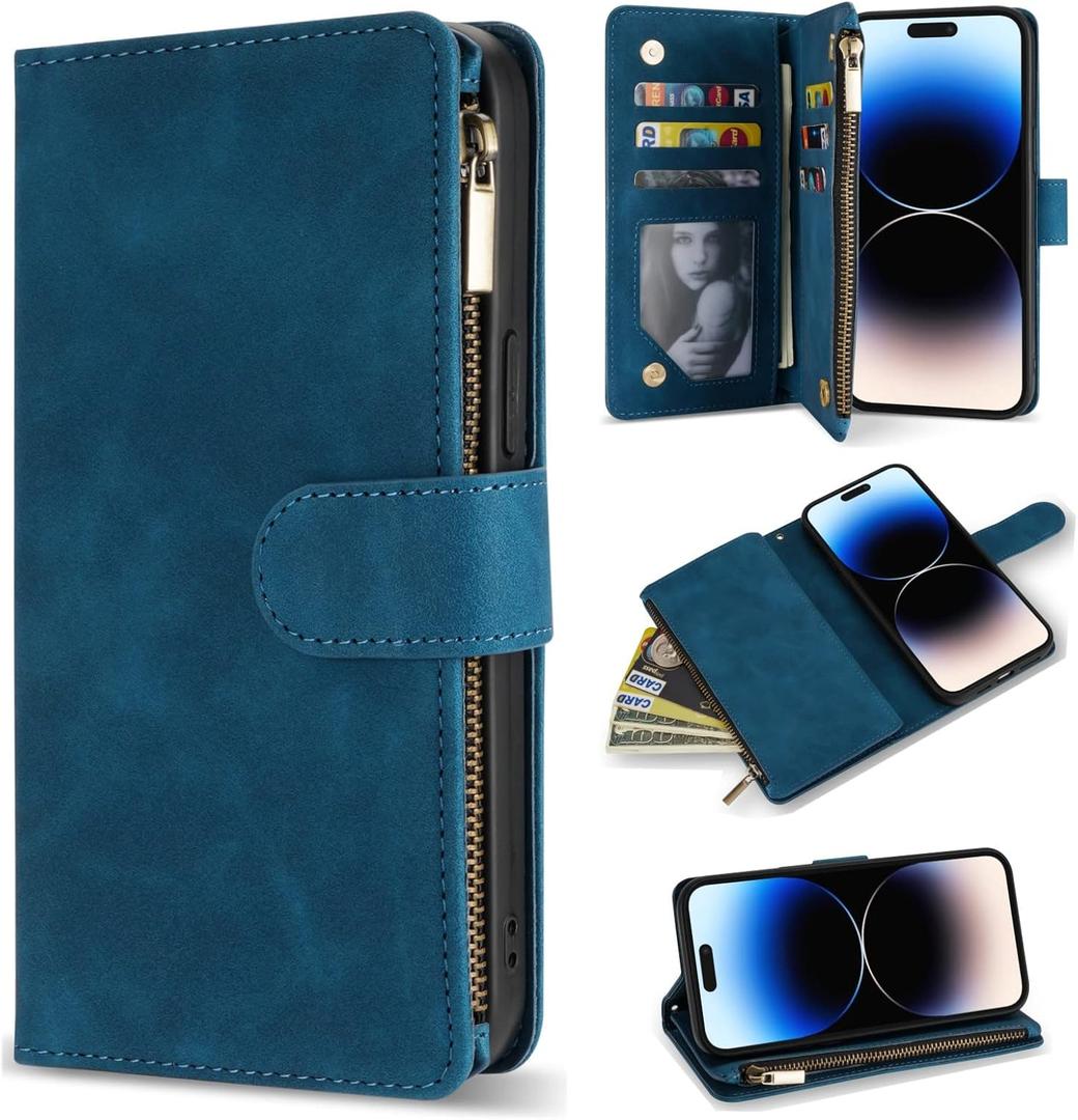 ZZXX for iPhone 14 Pro Case Wallet with [RFID Blocking] Card Slot Premium Soft PU Leather Zipper Flip Folio with Wrist Strap Kickstand Protective Cover for iPhone 14 Pro Wallet Case(Blue-6.1 inch)