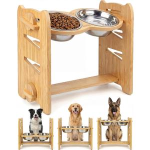 Jovrun Elevated Dog Bowls, Adjustable Raised Dog Bowl Stand for Medium Large Size Dogs, 15°Tilted Elevated Dog Bowls, Durable Bamboo Dogs Feeder with 2 Stainless Steel Bowls and Non-Slip Feet